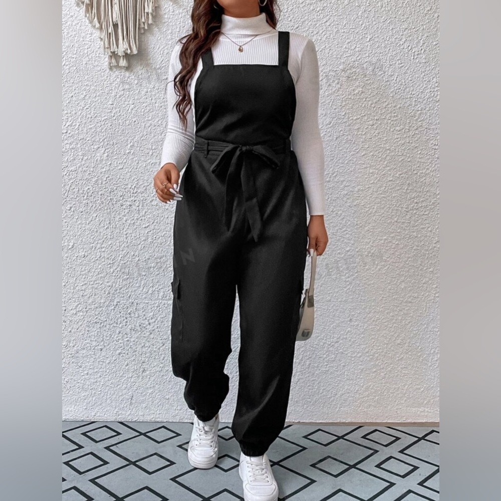 1 PC Solid Black Belted Overall Jumpsuit PLUS SIZE